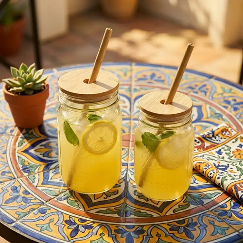 Two clear glass mason jar drinkware pieces with bamboo lids and bamboo straws, filled with a yellow beverage and garnished with mint leaves and lemon slices, set on a colorful patterned ceramic table.
