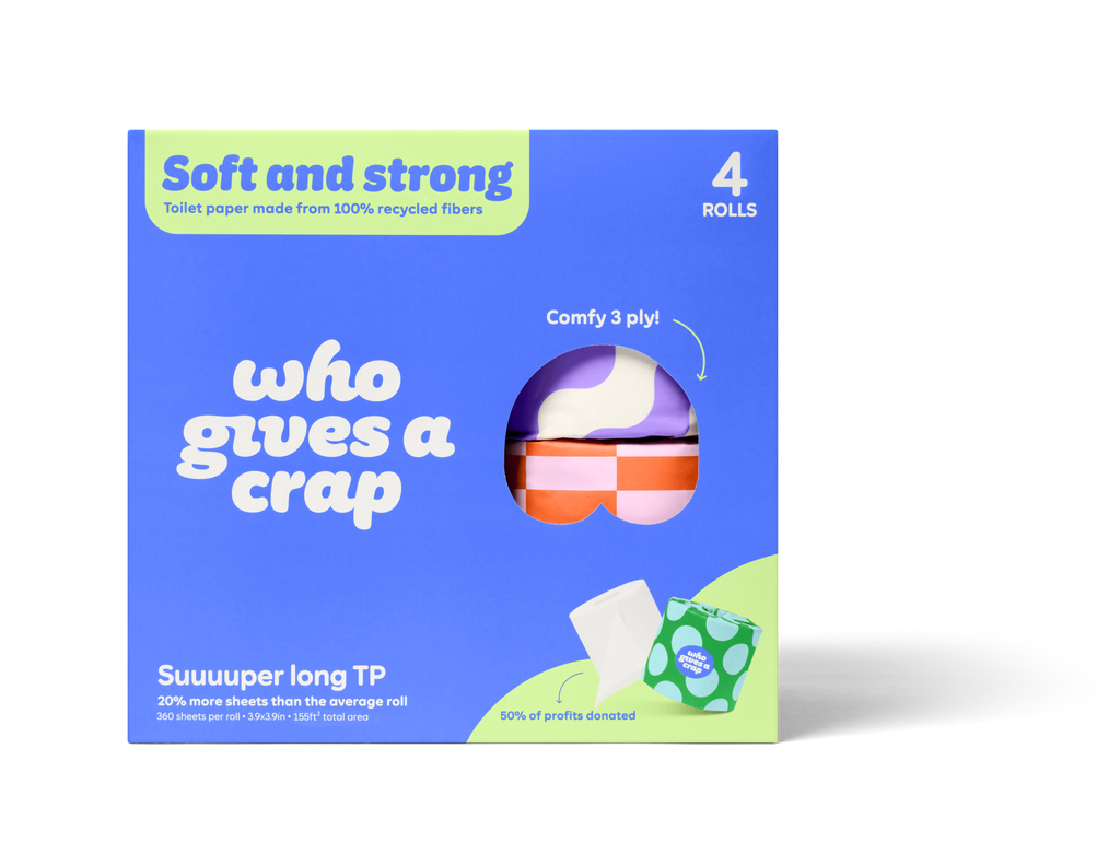 Box of toilet paper with 'who gives a crap' branding on a white background