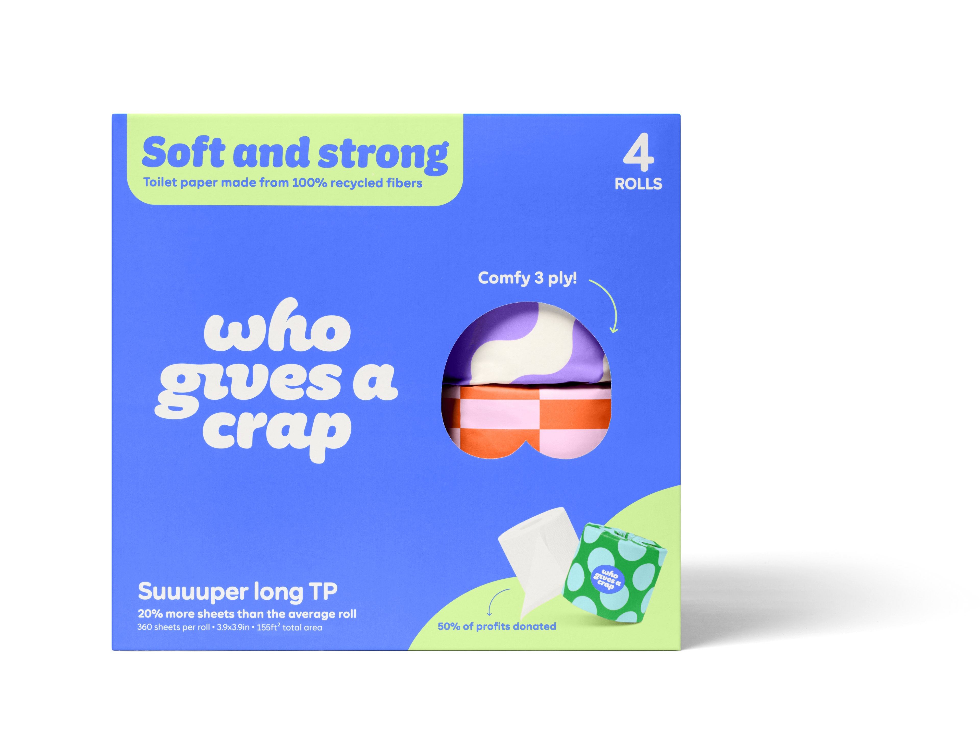 Box of toilet paper with 'who gives a crap' branding on a white background
