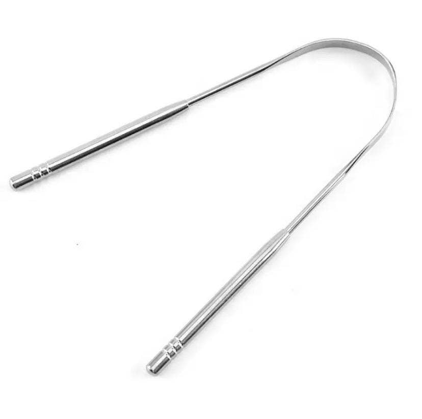 Silver tongue scraper on a white background