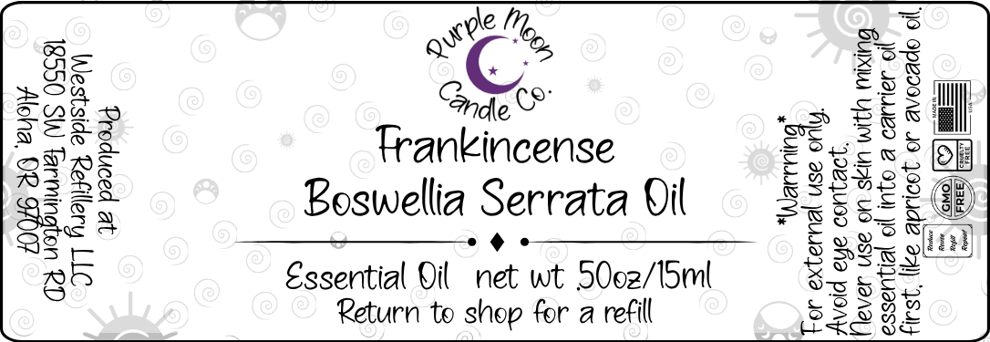 Label for Frankincense Boswellia Serrata Oil from Purple Moon Candle Co.