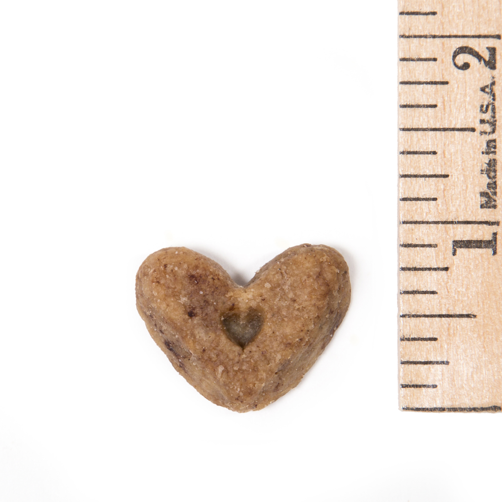 Heart-shaped dog treat next to a ruler on a white background