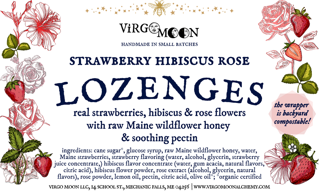 A square product label or packaging design for Virgo Moon 'Lozenges' strawberry hibiscus rose. The label features a white background decorated with illustrations of strawberries, roses, and hibiscus flowers in the corners, with the brand name 'Virgo Moon' at the top and product details in the center and lower text sections.