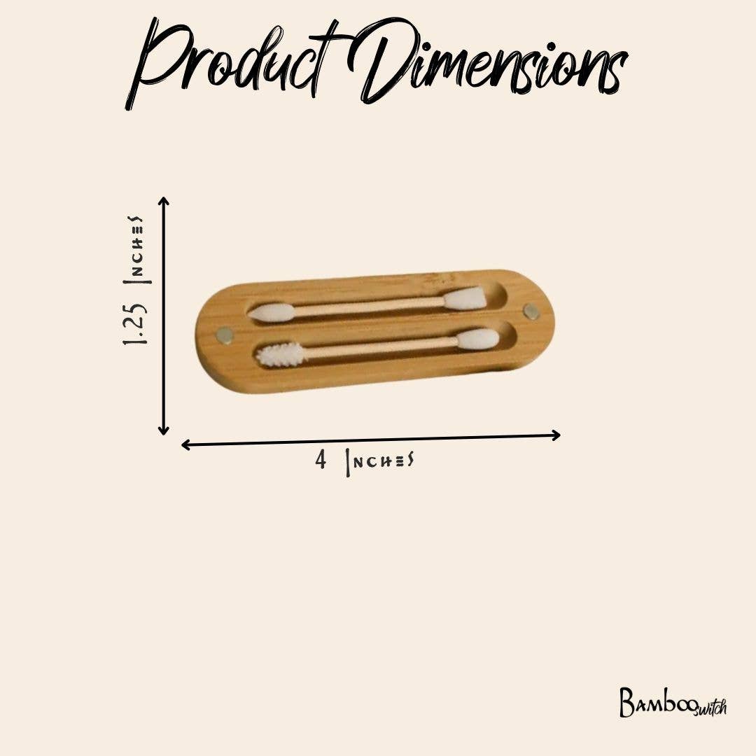 Wooden silicone earbud holder with dimensions on a beige background
