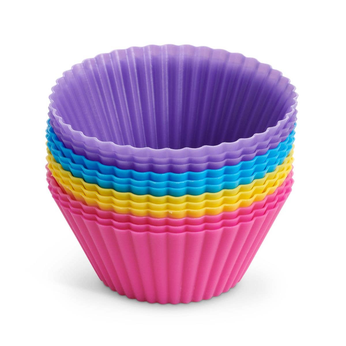 Stack of colorful silicone cupcake liners on a white background