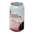 A 12 fl oz can of Happy Mountain Kombucha in the Peach Blossom flavor, featuring a white and pink mountain design with pine trees on the label, set against a plain white background.
