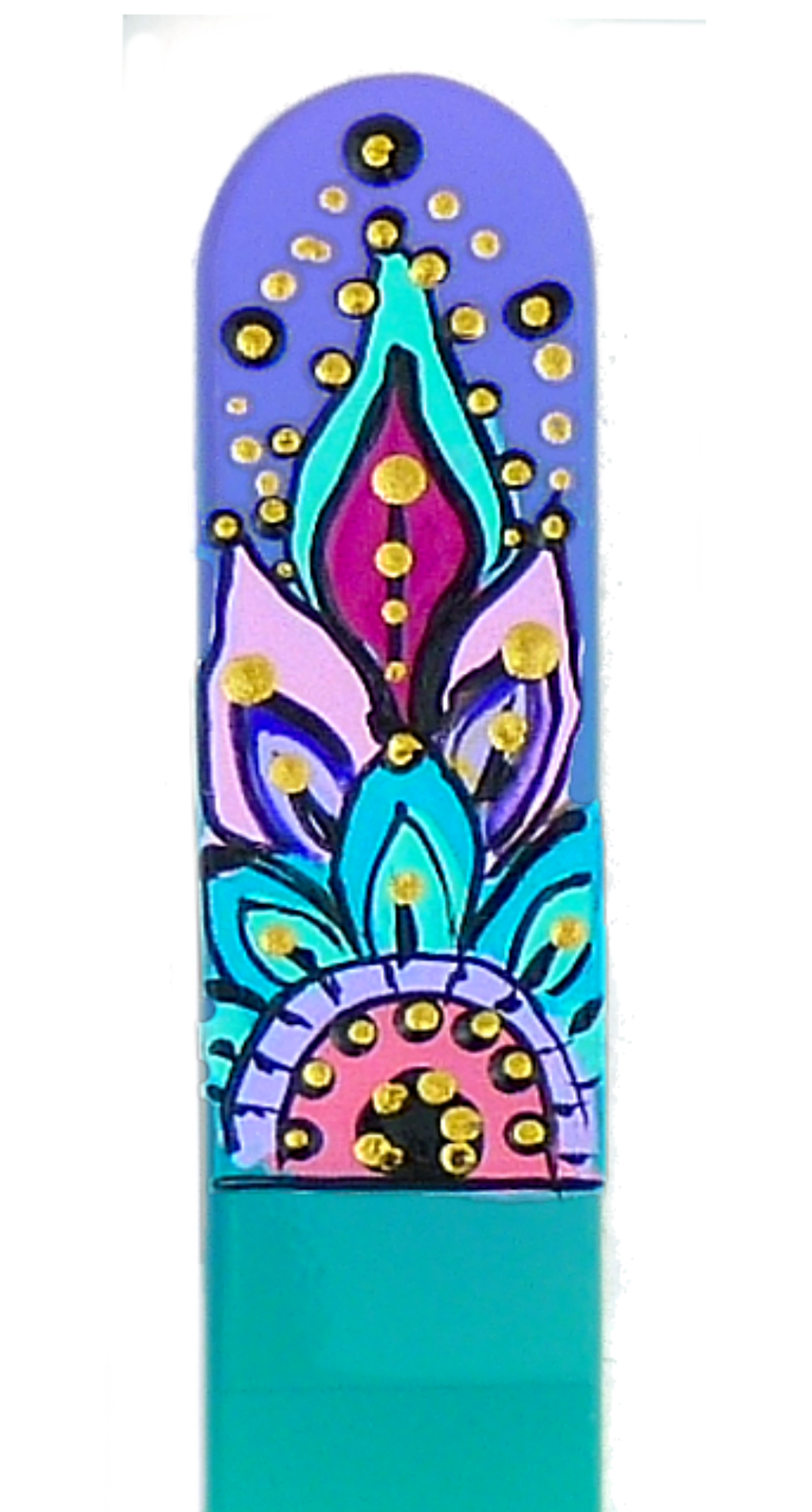 Colorful skateboard deck with abstract design on a white background