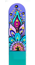 Colorful skateboard deck with abstract design on a white background