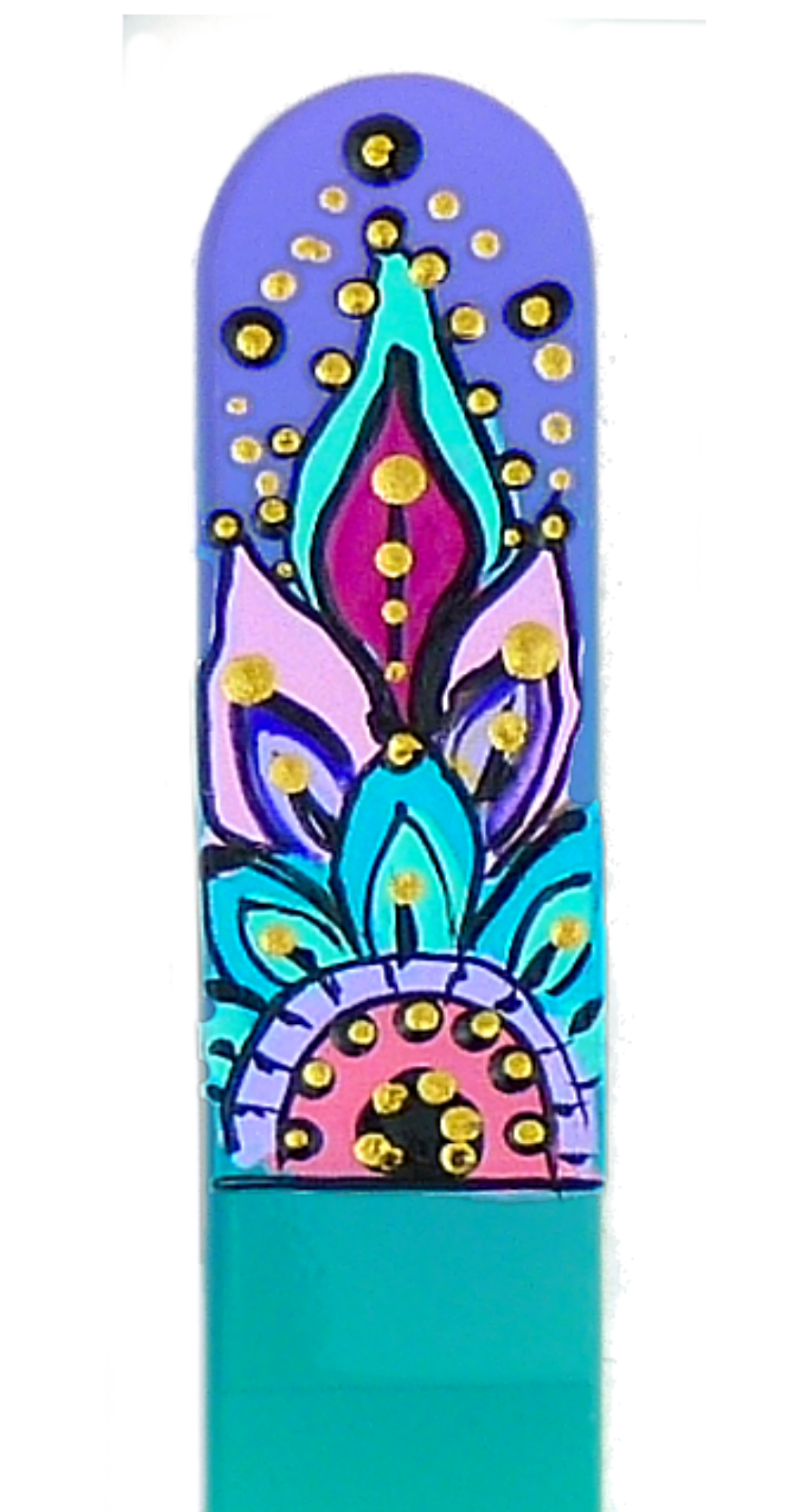 Colorful skateboard deck with abstract design on a white background