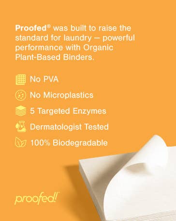 Advertisement for Proofed laundry detergent with text and a close-up of white fabric on an orange background.