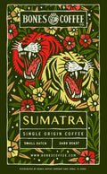 Bones Coffee Co. Sumatra coffee packaging with tiger design on a dark green background