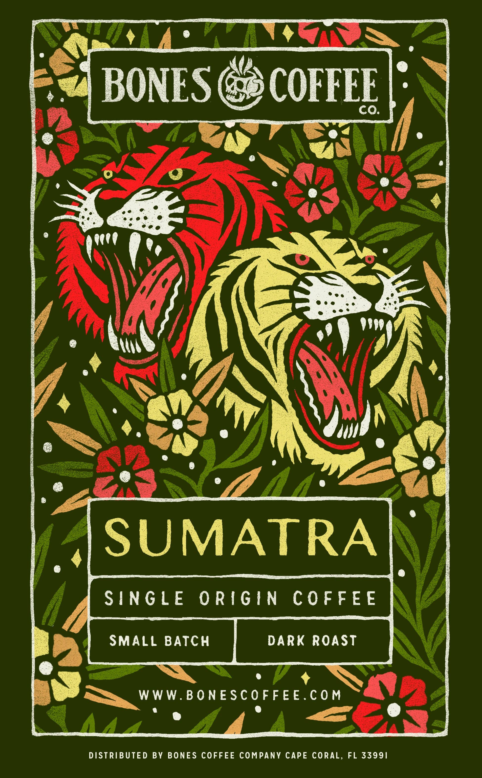 Bones Coffee Co. Sumatra coffee packaging with tiger design on a dark green background