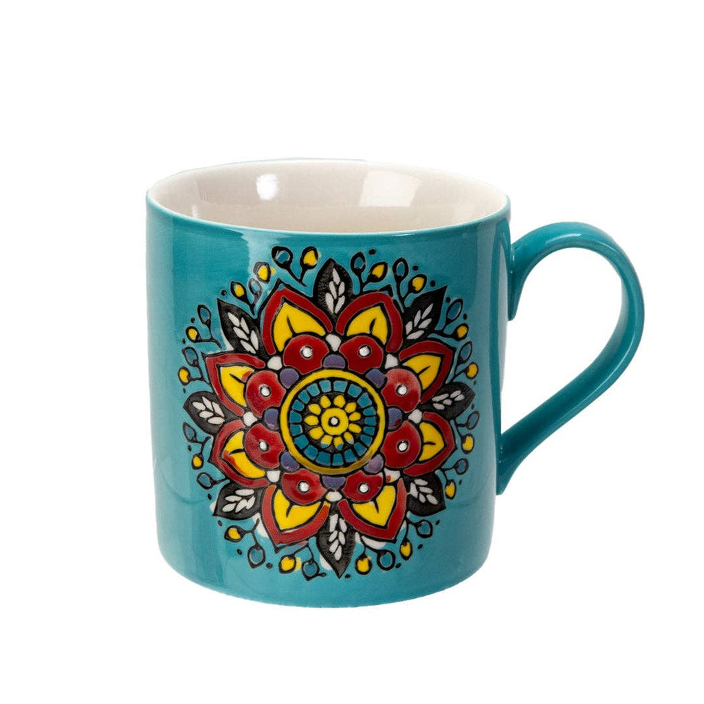 Turquoise mug with a colorful mandala design on a white background