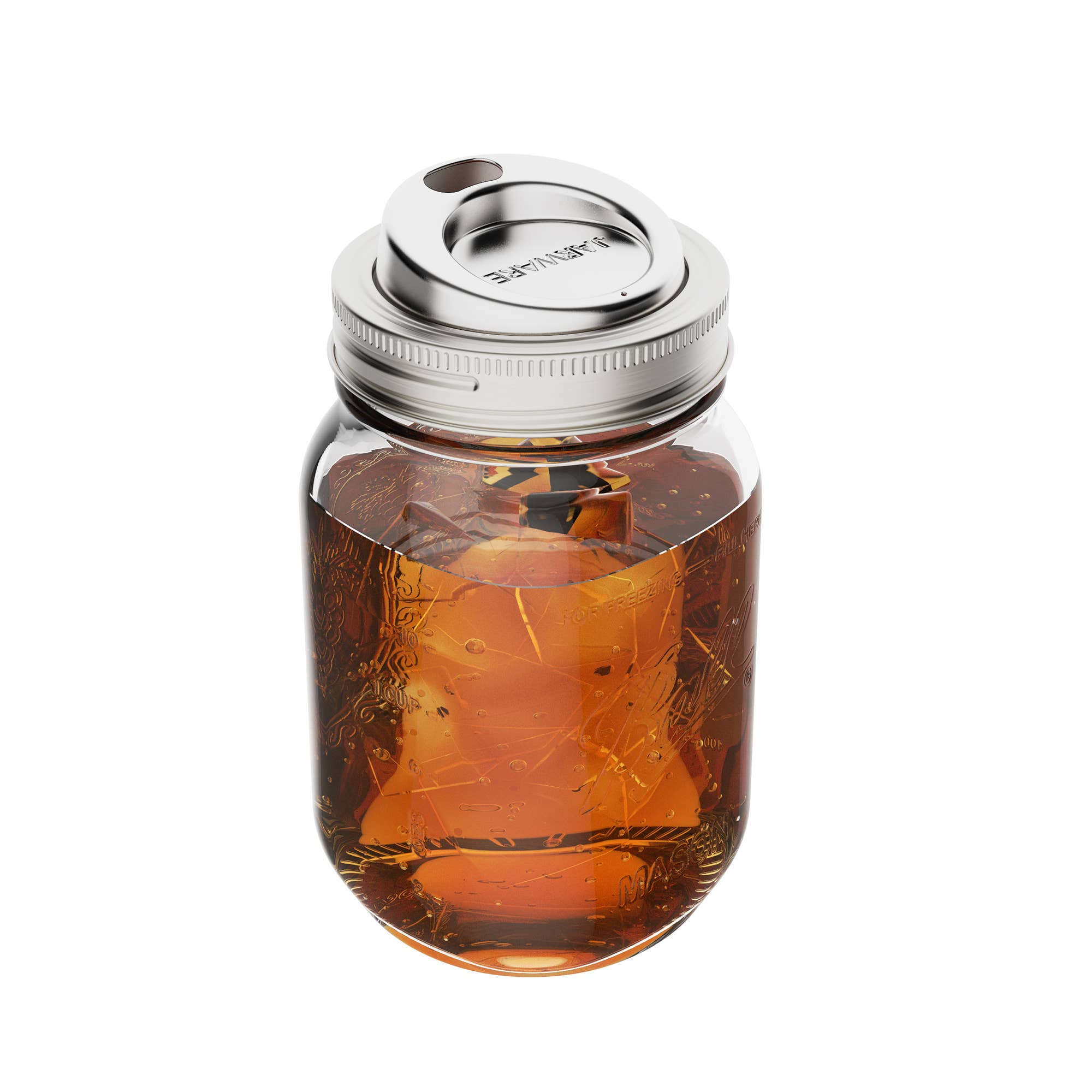 Clear glass jar with metal lid containing a dark liquid on a white background
