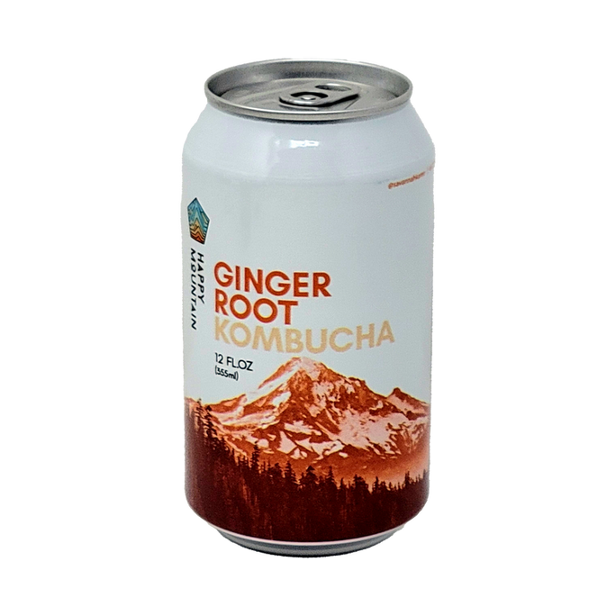 A 12 fl oz aluminum can of Mountain Ginger Root Kombucha with a white label featuring a brown mountain and pine forest graphic, on a solid white background.