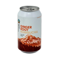 A 12 fl oz aluminum can of Mountain Ginger Root Kombucha with a white label featuring a brown mountain and pine forest graphic, on a solid white background.