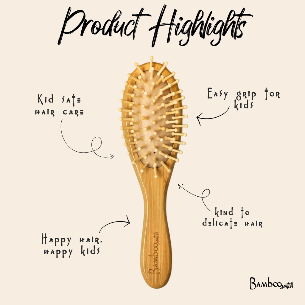 Wooden hairbrush with product highlights on a beige background