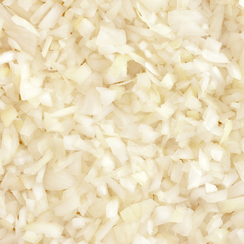 A close-up texture shot of finely diced white onions filling the entire frame.