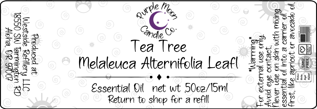 Tea Tree Melaleuca Alternifolia Leaf essential oil label with branding and product details.