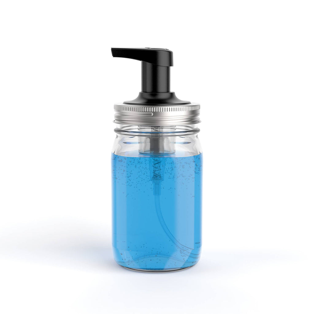 Clear jar with blue liquid and black pump on a white background