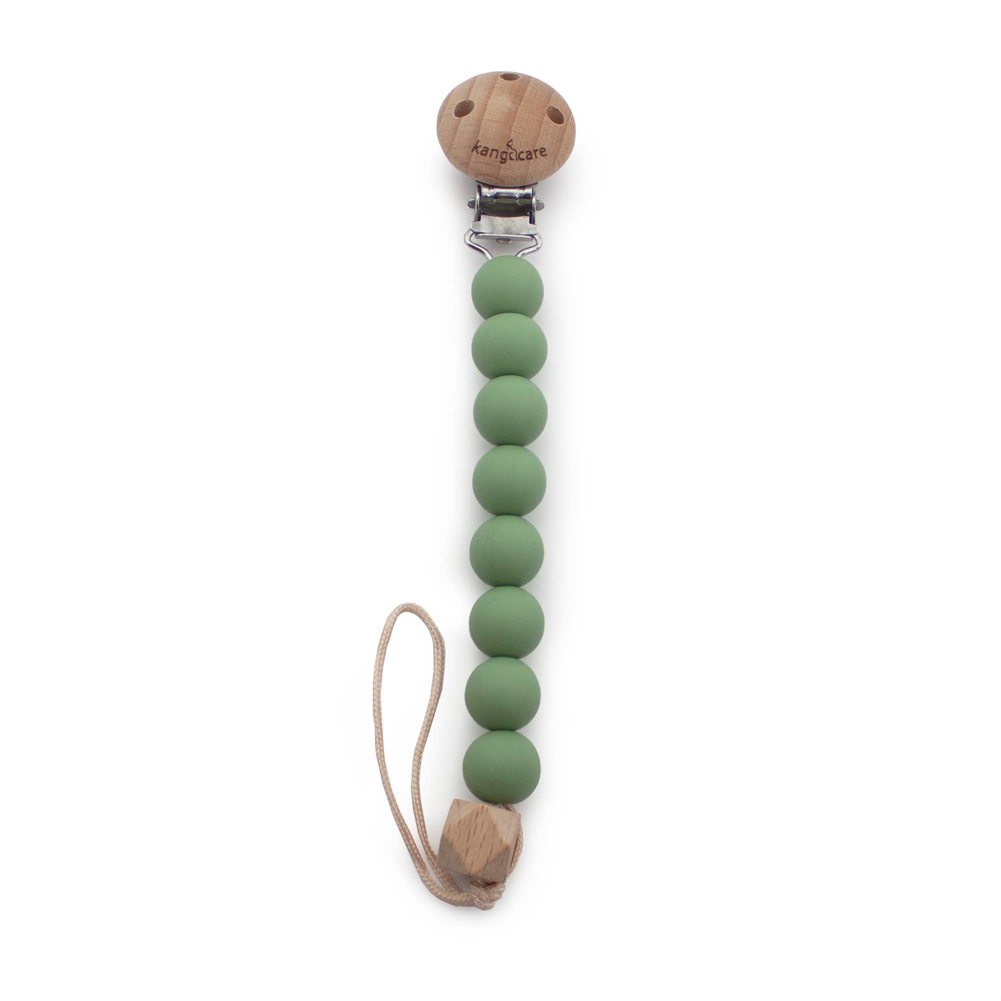 Green silicone pacifier clip with wooden beads on a white background