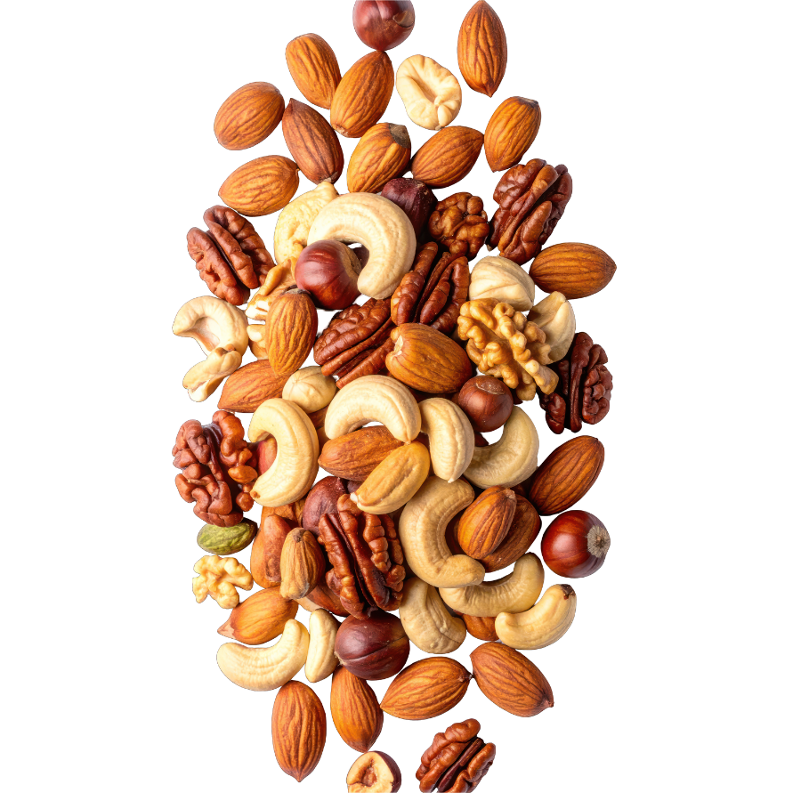 Assorted nuts arranged in a circular pattern on a white background