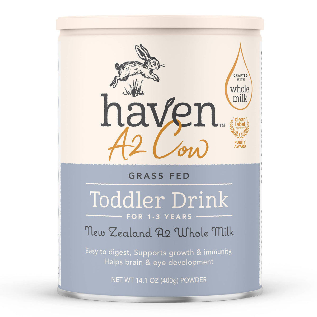 A canister of Haven A2 Cow Toddler Drink powder, featuring a cream-colored top half with a black rabbit illustration and dark gray text, and a light blue-gray bottom half with white text.