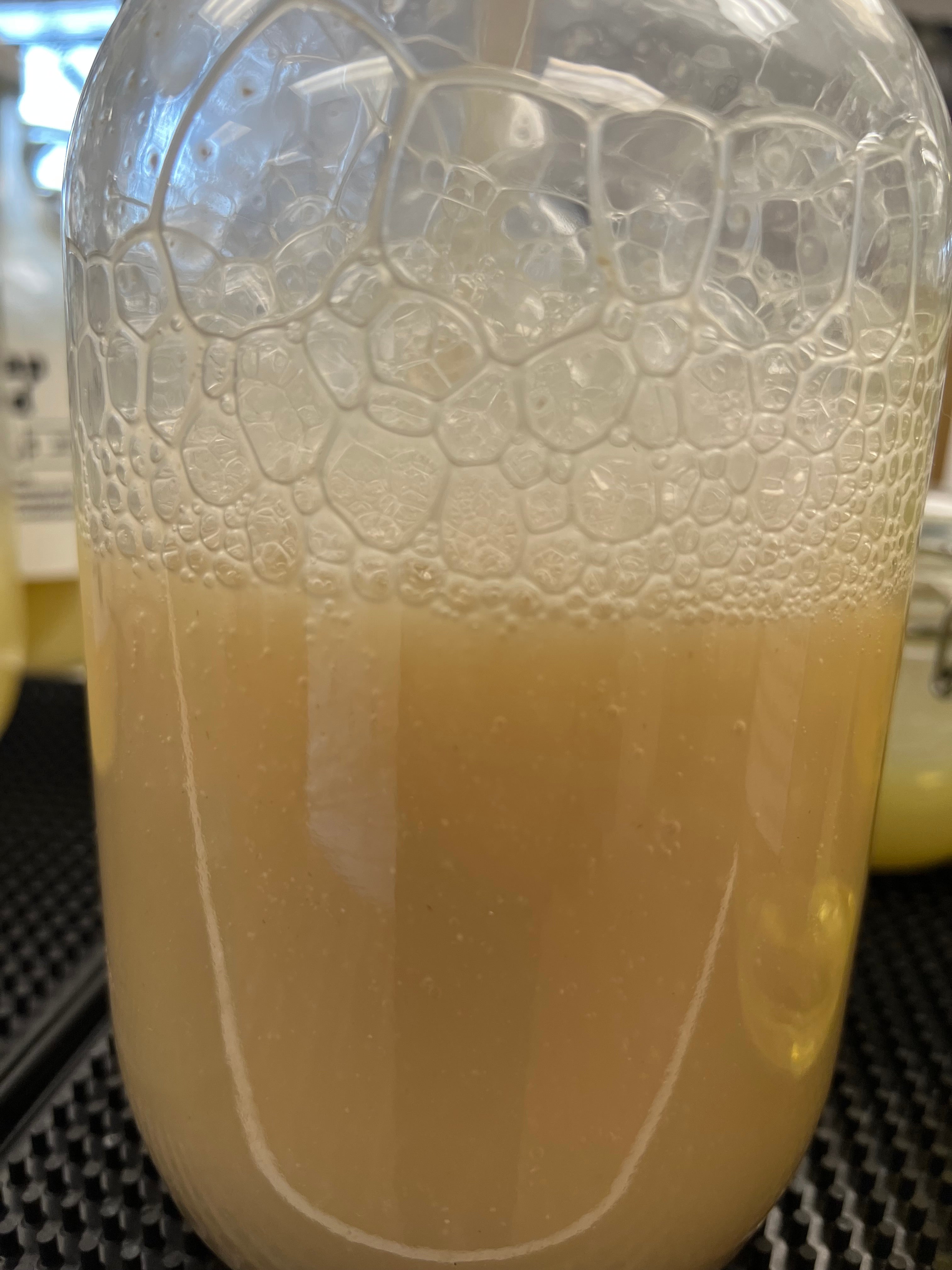 Close-up of a beige fluid in a clear glass bottle. 