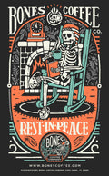 Skeletal figure reading a book with 'Bones Coffee' branding on a dark background