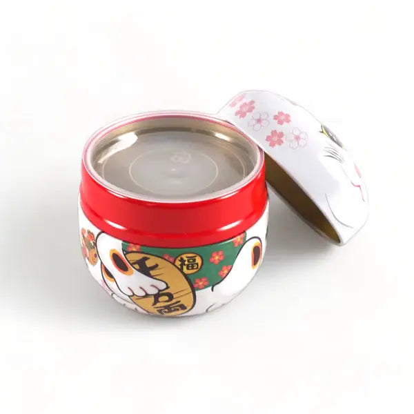 Decorative container with a red lid and cartoon character design on a white background
