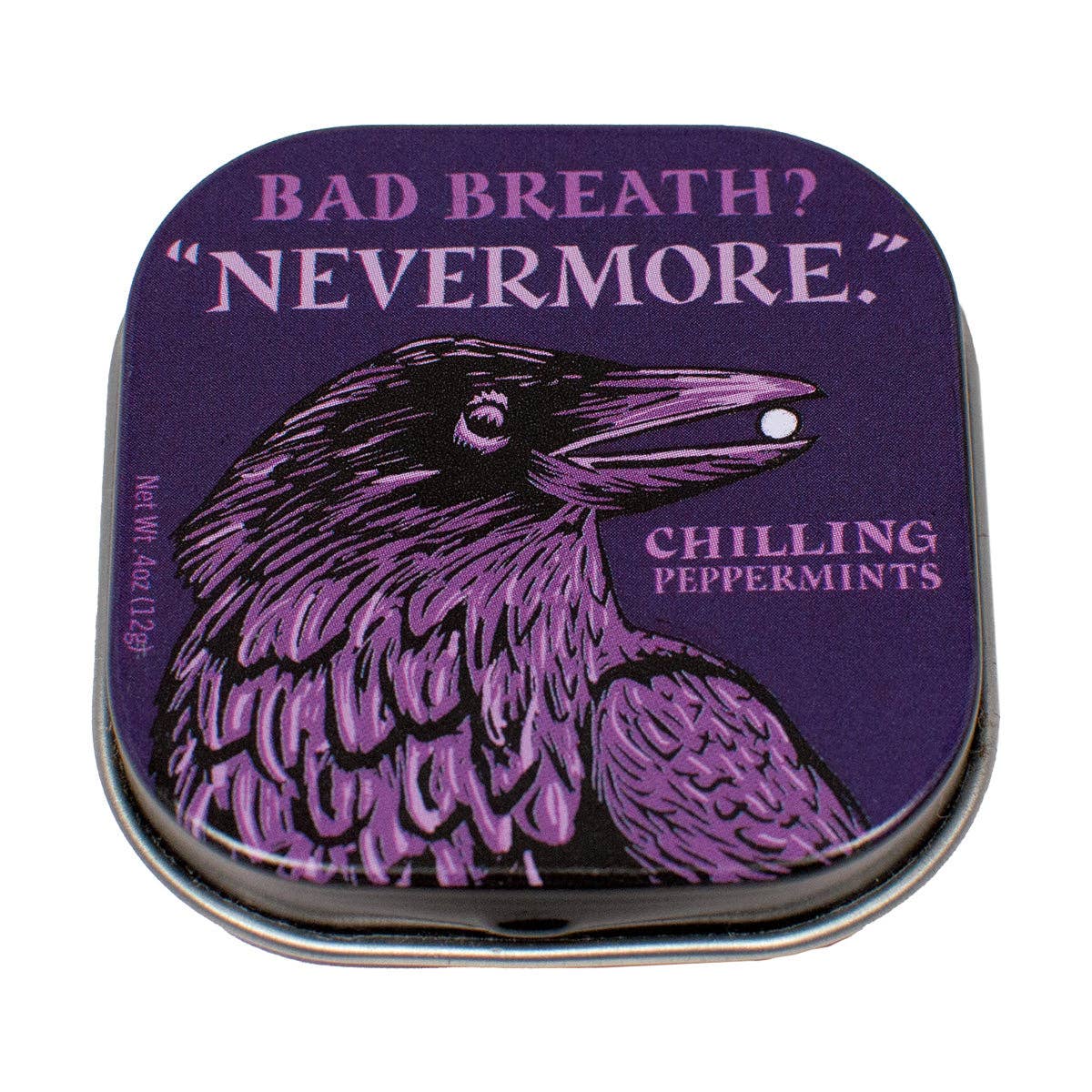 Tin of peppermints with a purple raven illustration and text on a white background