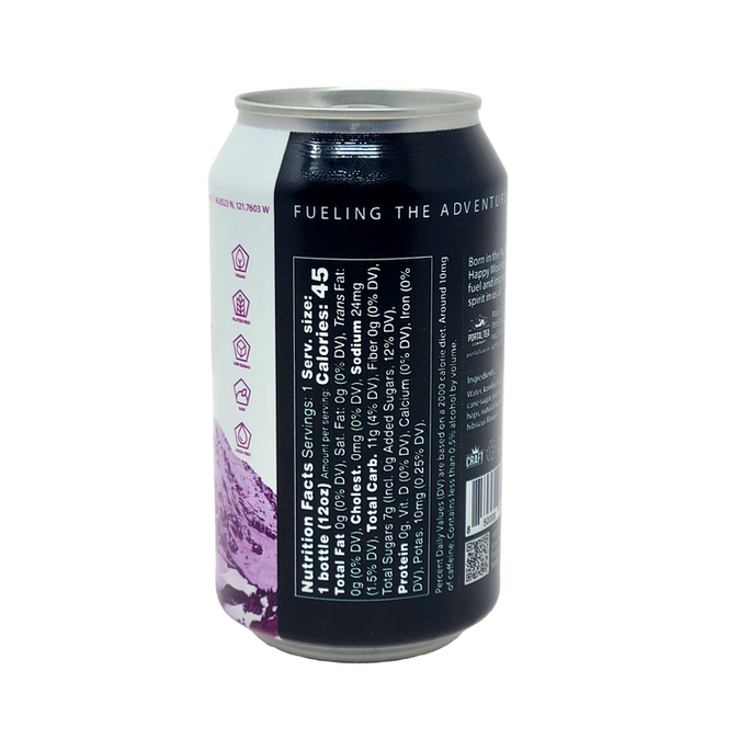 A single aluminum beverage can shown upright on a plain white background, with the back label facing the camera. The can has a dark navy-to-black gradient upper section, a white vertical band with purple artwork and text on the left, and a silver rim at the top and bottom.