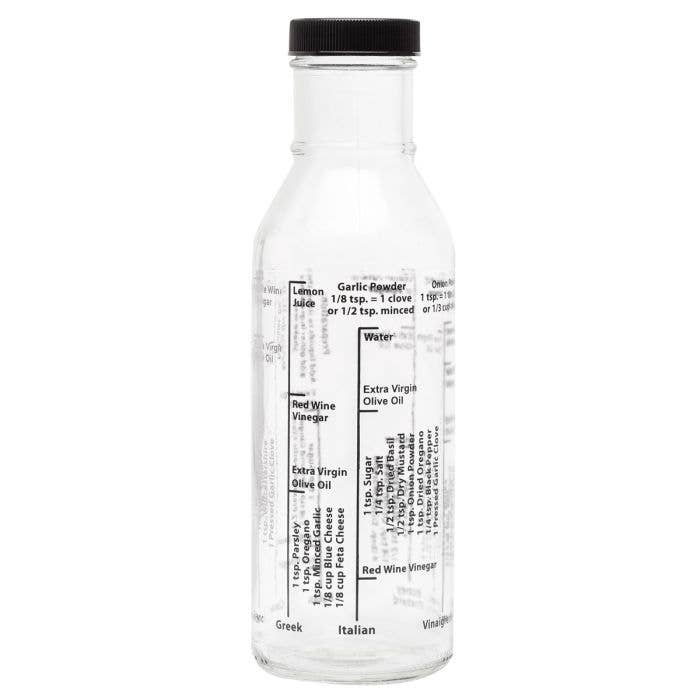 Clear bottle with black lid and label on a white background