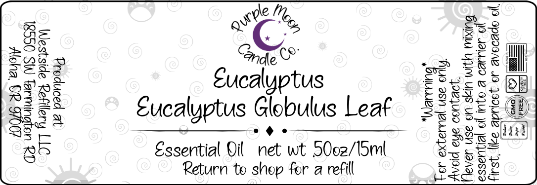 Eucalyptus essential oil label with branding and product details.
