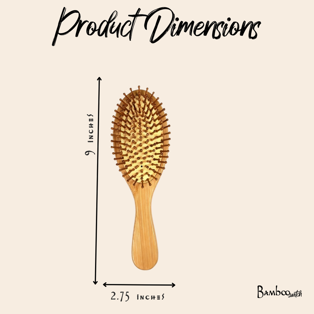 Wooden hairbrush with dimensions labeled on a beige background