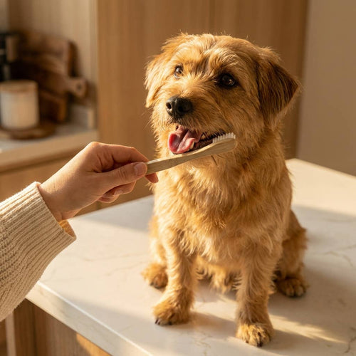 Dog being brushed by a person on a kitchen counter
