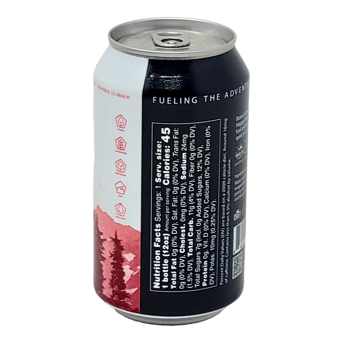 A single beverage can shown upright on a plain white background, with the side label facing the camera. The can has a black upper section, a white lower section, and a red scenic graphic near the bottom.