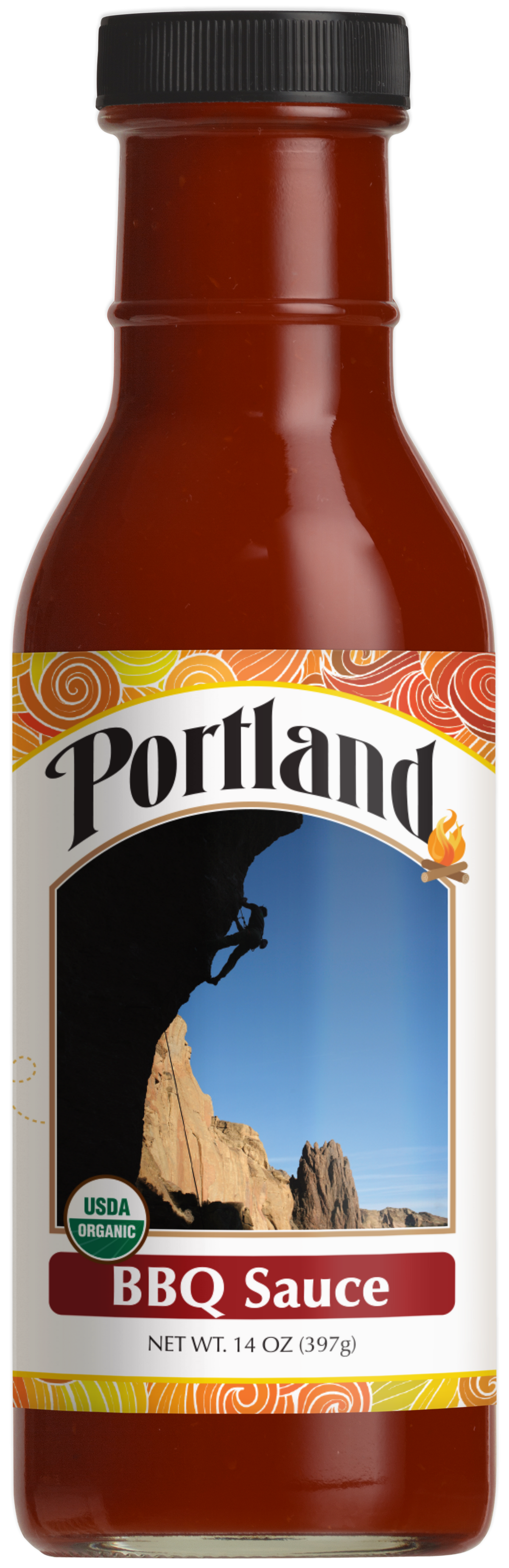 Bottle of Portland BBQ Sauce with a label featuring a rock climber and mountain.