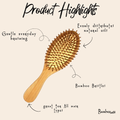 Wooden hairbrush with bamboo bristles on a white background, labeled with product highlights.