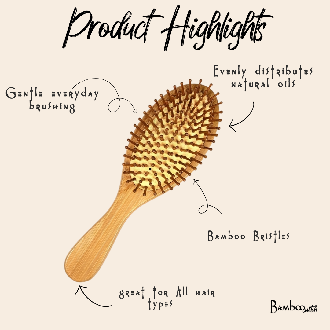 Wooden hairbrush with bamboo bristles on a white background, labeled with product highlights.