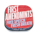 Tin with 'First Amendmints Free Speech Fresh Breath' text on a red background