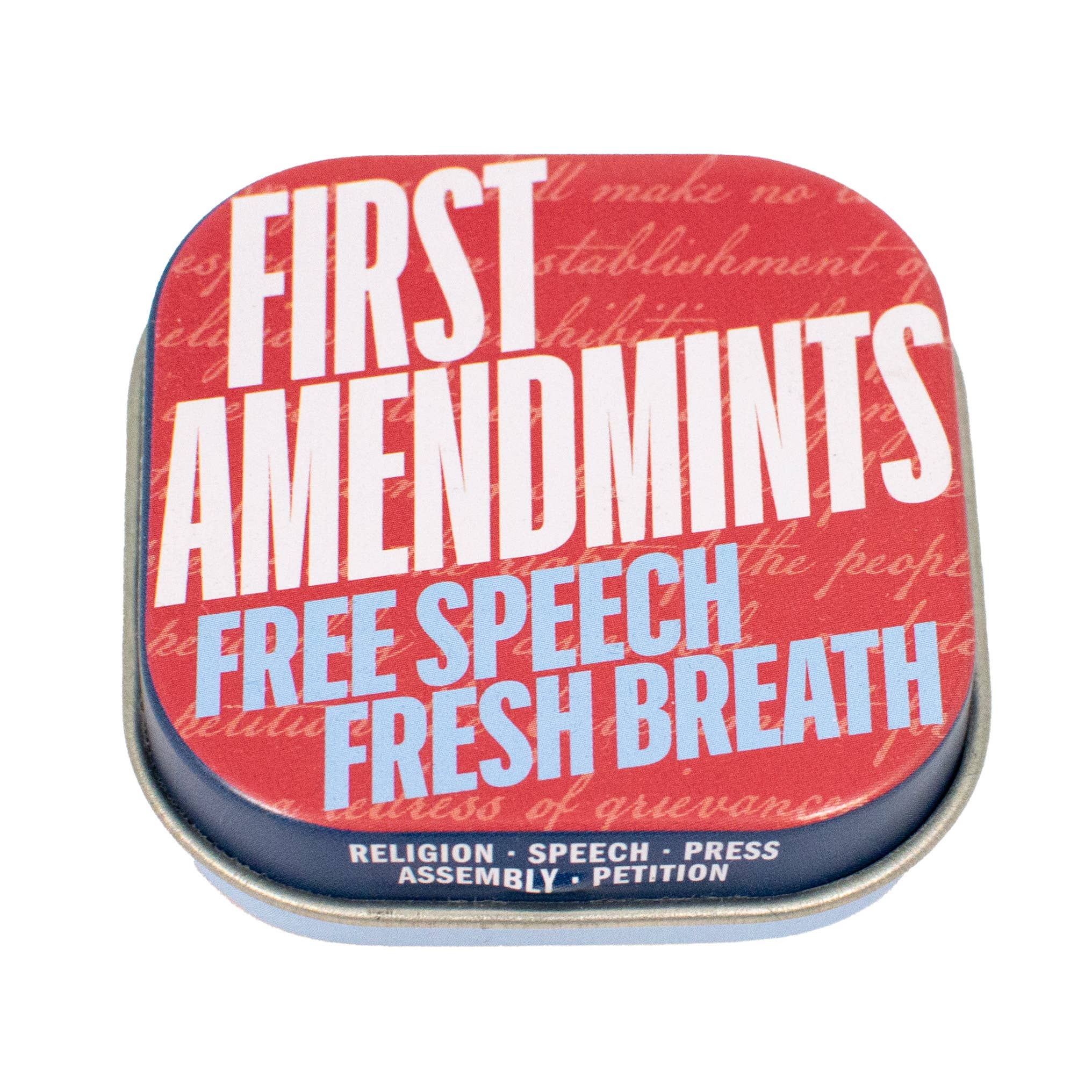 Tin with 'First Amendmints Free Speech Fresh Breath' text on a red background