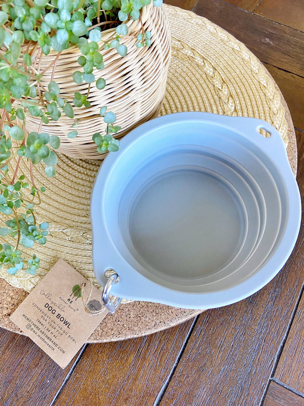 Collapsible silicone dog bowl with a tag on a wooden surface next to a plant.