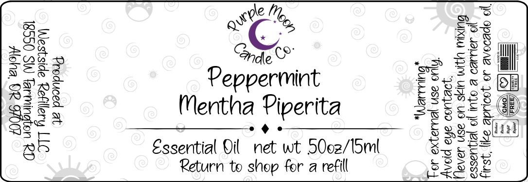 Label for Peppermint essential oil from Purple Moon Candle Co.