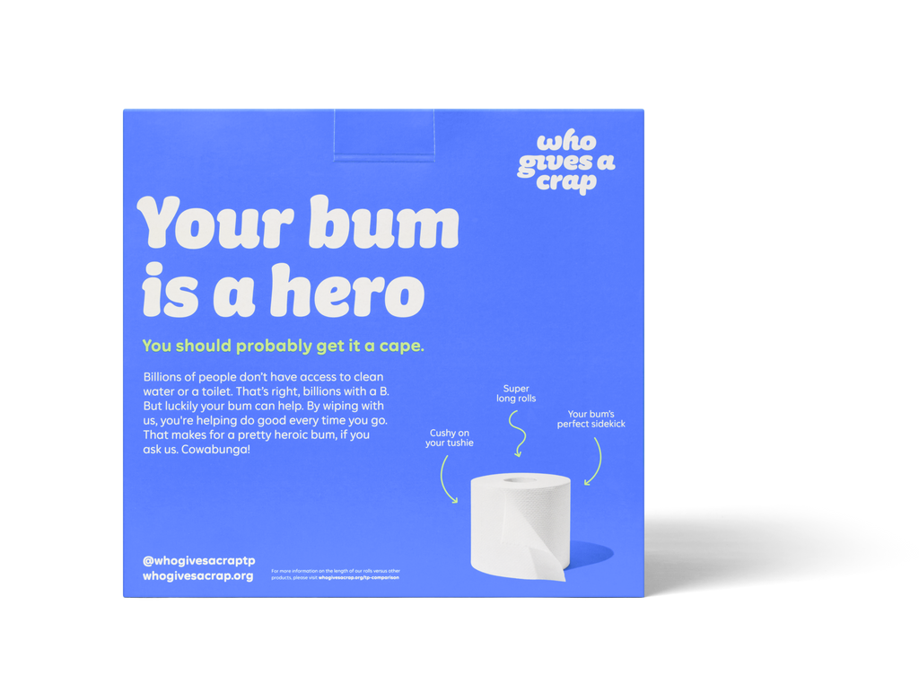 Promotional poster for 'Who Gives a Crap' with text and a roll of toilet paper on a blue background.