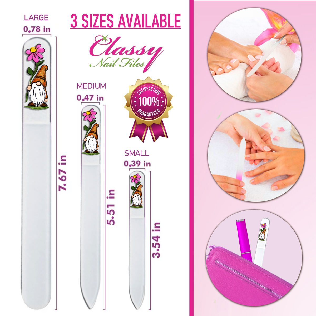 Classy nail files with gnome design, sizes displayed, and images of hands using the files.