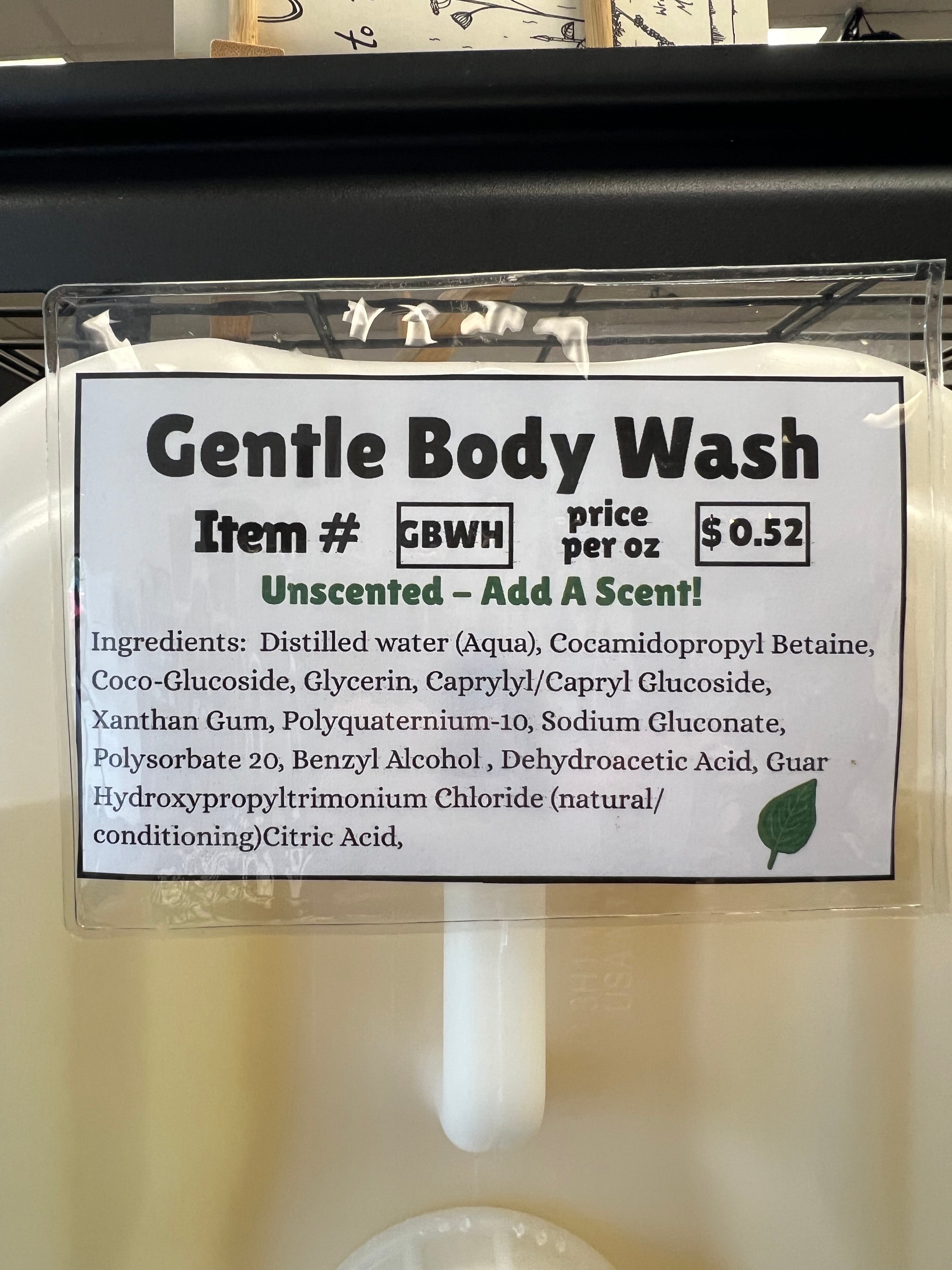 Gentle Body Wash with a label detailing price, scent option, and ingredients.