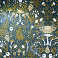 Folk art pattern with mushrooms, flowers, and leaves on a dark blue background