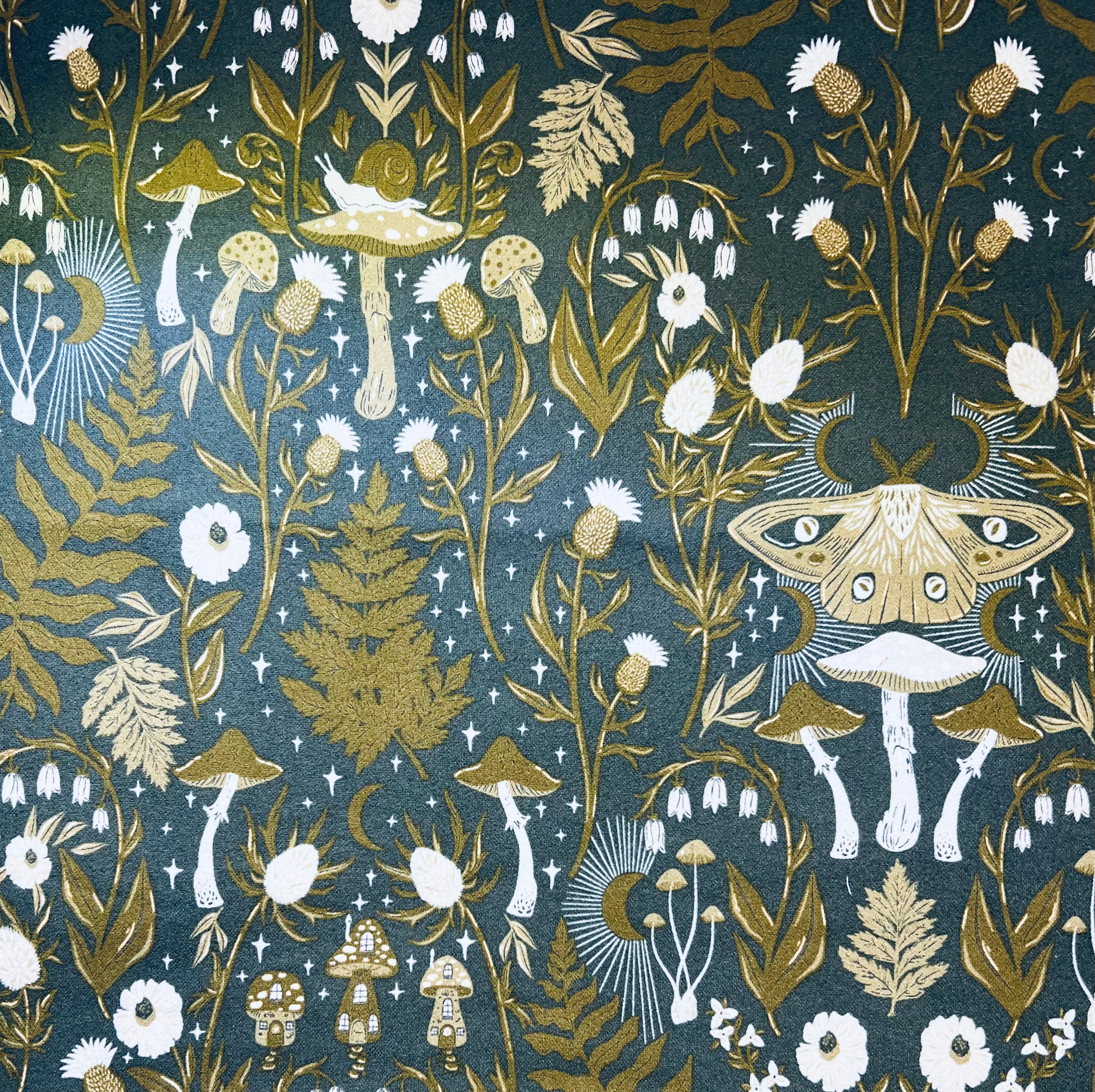 Folk art pattern with mushrooms, flowers, and leaves on a dark blue background