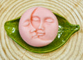 Pink round conditioner bar with moon & Sun face designs on a ceramic on a leaf on a wood surface.